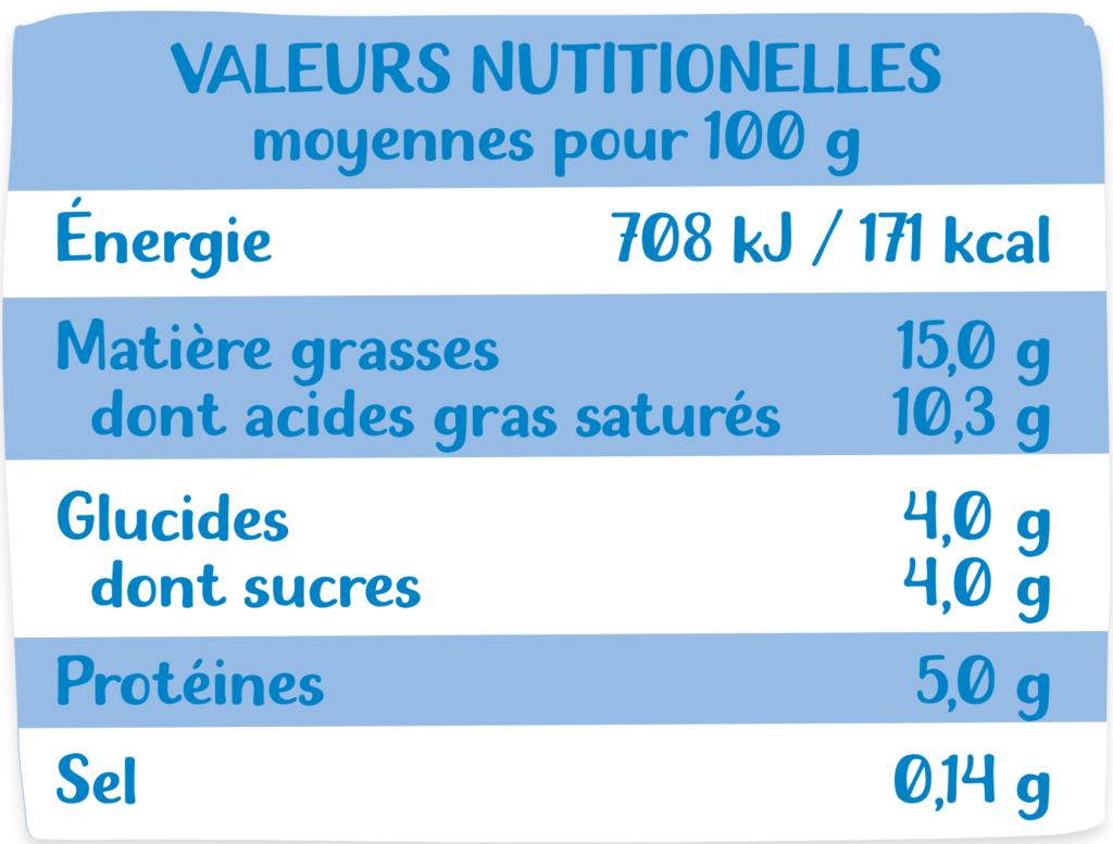 Tableau nutritionnel crème légère 20cl